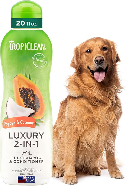 TropiClean 2-in-1 Dog Shampoo and Conditioner, Moisturizing Dog Detangler, Puppy Safe, Made in the USA, Papaya Scent, Cat & Kitten Safe,